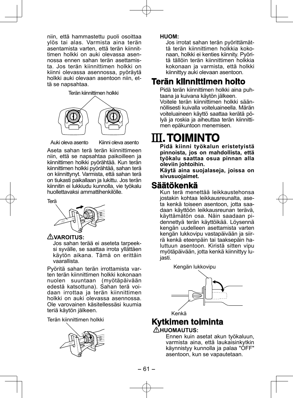 Toiminto, Terän kiinnittimen hoito, Säätökenkä | Kytkimen toiminta | Panasonic EY3544 User Manual | Page 61 / 80