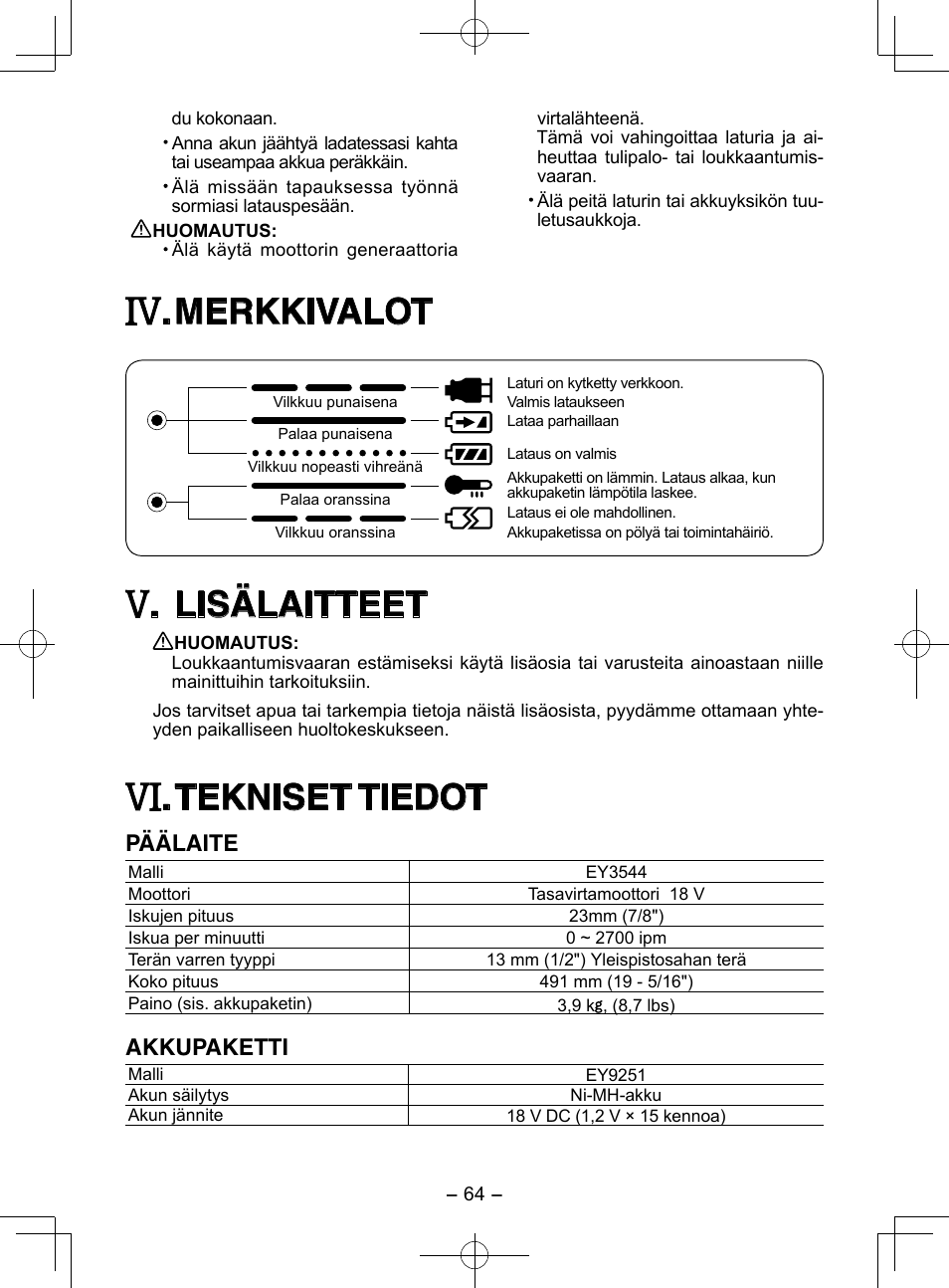 Merkkivalot, Lisälaitteet, Tekniset tiedot | Päälaite, Akkupaketti | Panasonic EY3544 User Manual | Page 64 / 80