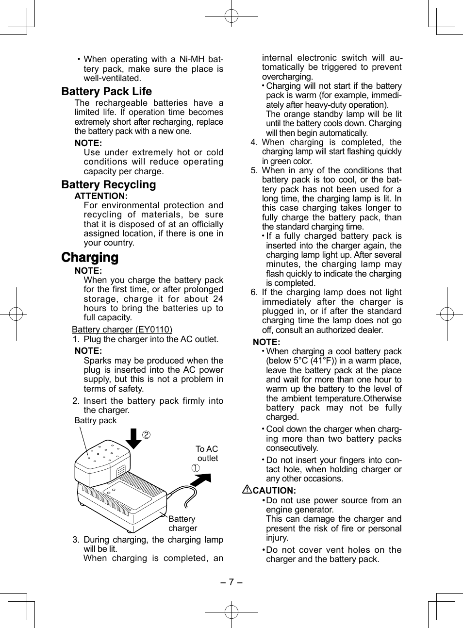 Charging, Battery pack life, Battery recycling | Panasonic EY3544 User Manual | Page 7 / 80