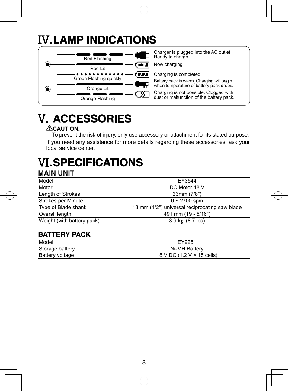 Lamp indications, Accessories, Specifications | Main unit, Battery pack | Panasonic EY3544 User Manual | Page 8 / 80