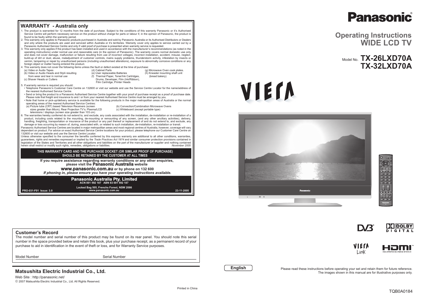 Panasonic Vieta TX-32LXD70A User Manual | 20 pages