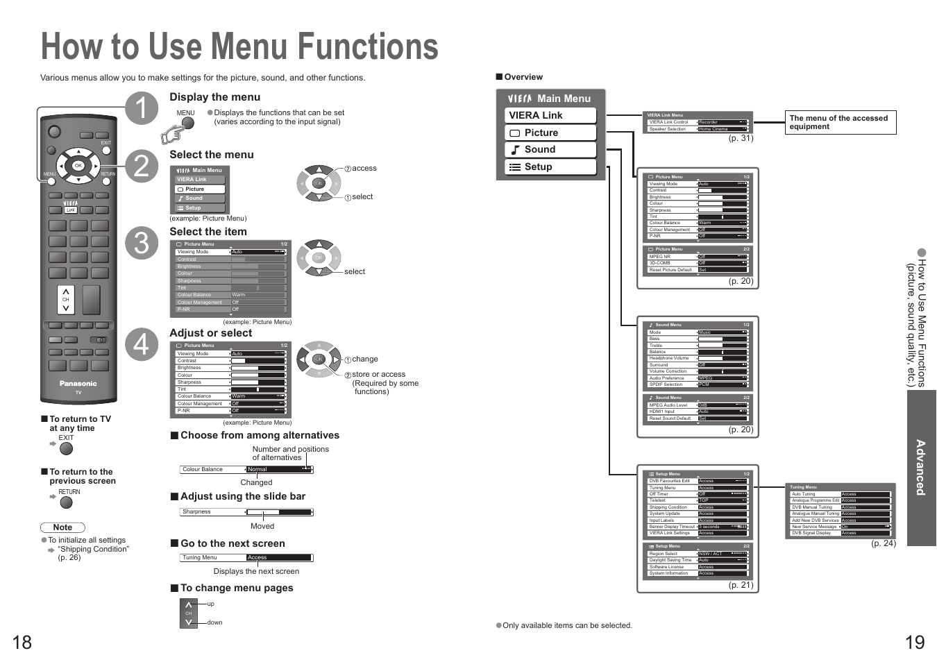 How to use menu functions, Advanced, Display the menu | Select the menu select the item, Adjust or select | Panasonic Vieta TX-32LXD70A User Manual | Page 10 / 20