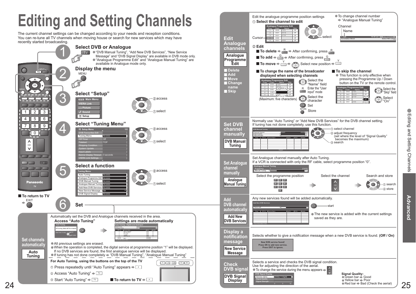 Editing and setting channels, Advanced, Edit analogue channels | Select “setup, Select “tuning menu, Display the menu select a function, Select dvb or analogue, Set channels automatically, Check dvb signal, Display a notifi cation message | Panasonic Vieta TX-32LXD70A User Manual | Page 13 / 20