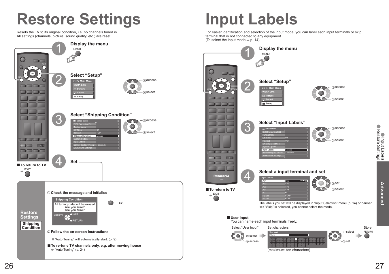 Restore settings, Input labels, Advanced | Panasonic Vieta TX-32LXD70A User Manual | Page 14 / 20