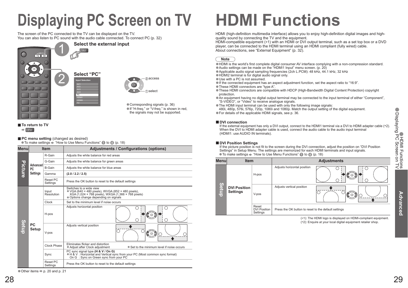 Displaying pc screen on tv, Hdmi functions | Panasonic Vieta TX-32LXD70A User Manual | Page 15 / 20