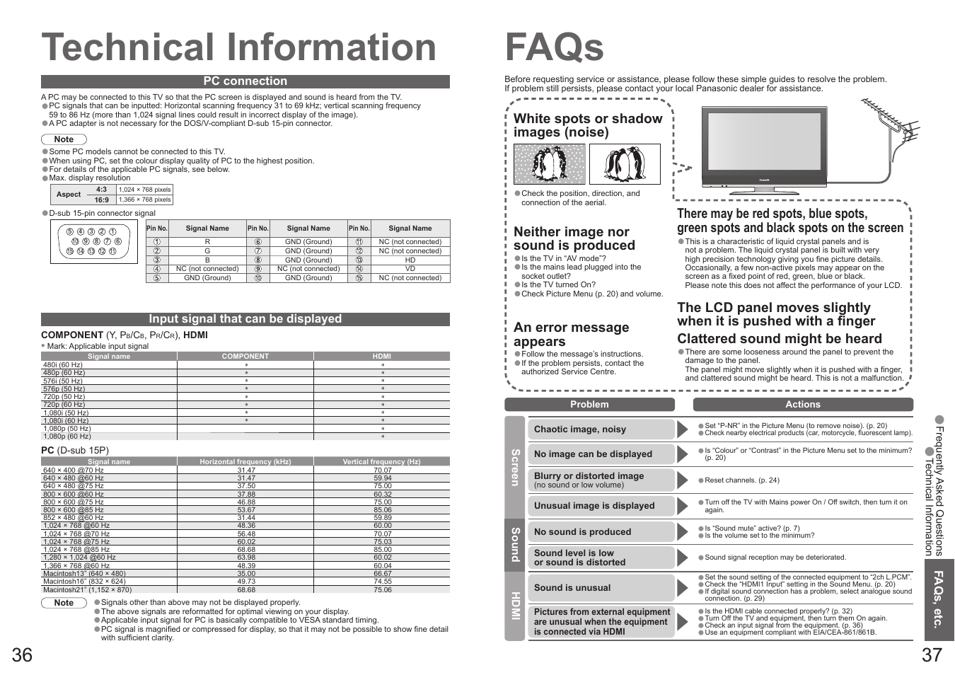 Technical information, Faqs | Panasonic Vieta TX-32LXD70A User Manual | Page 19 / 20