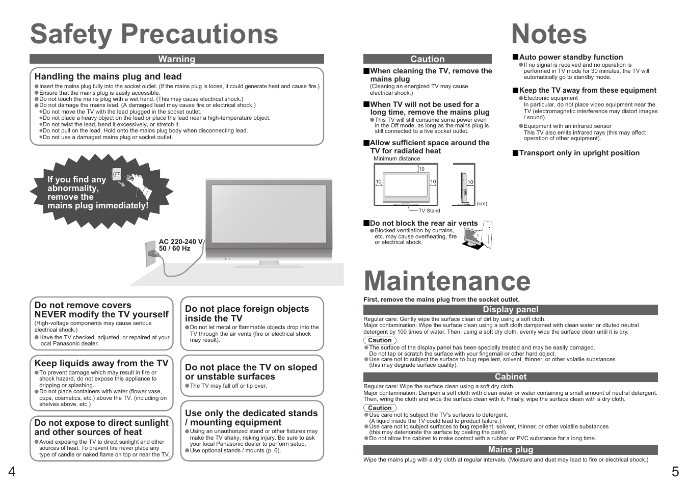 Safety precautions, Maintenance | Panasonic Vieta TX-32LXD70A User Manual | Page 3 / 20