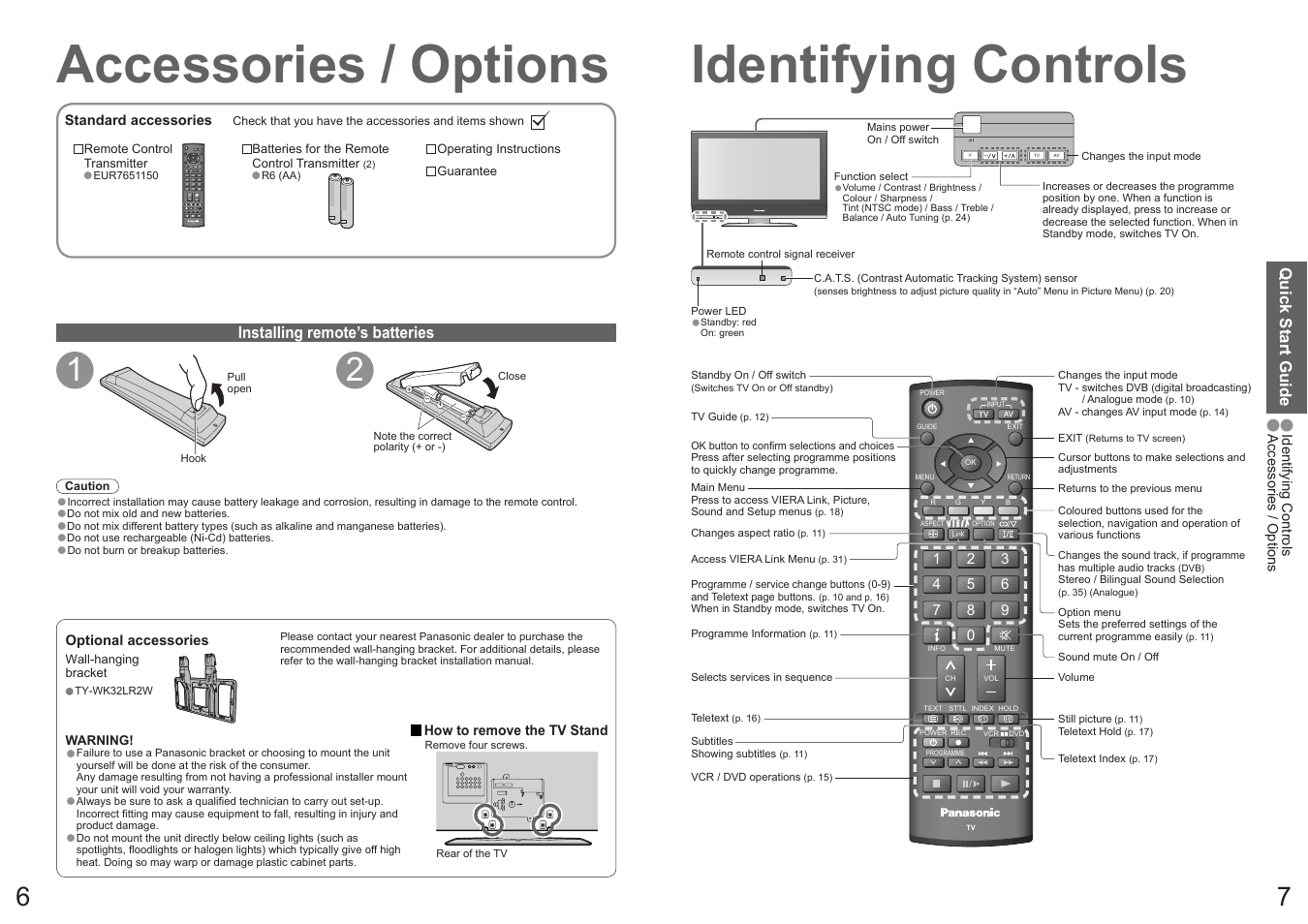 Identifying controls accessories / options | Panasonic Vieta TX-32LXD70A User Manual | Page 4 / 20