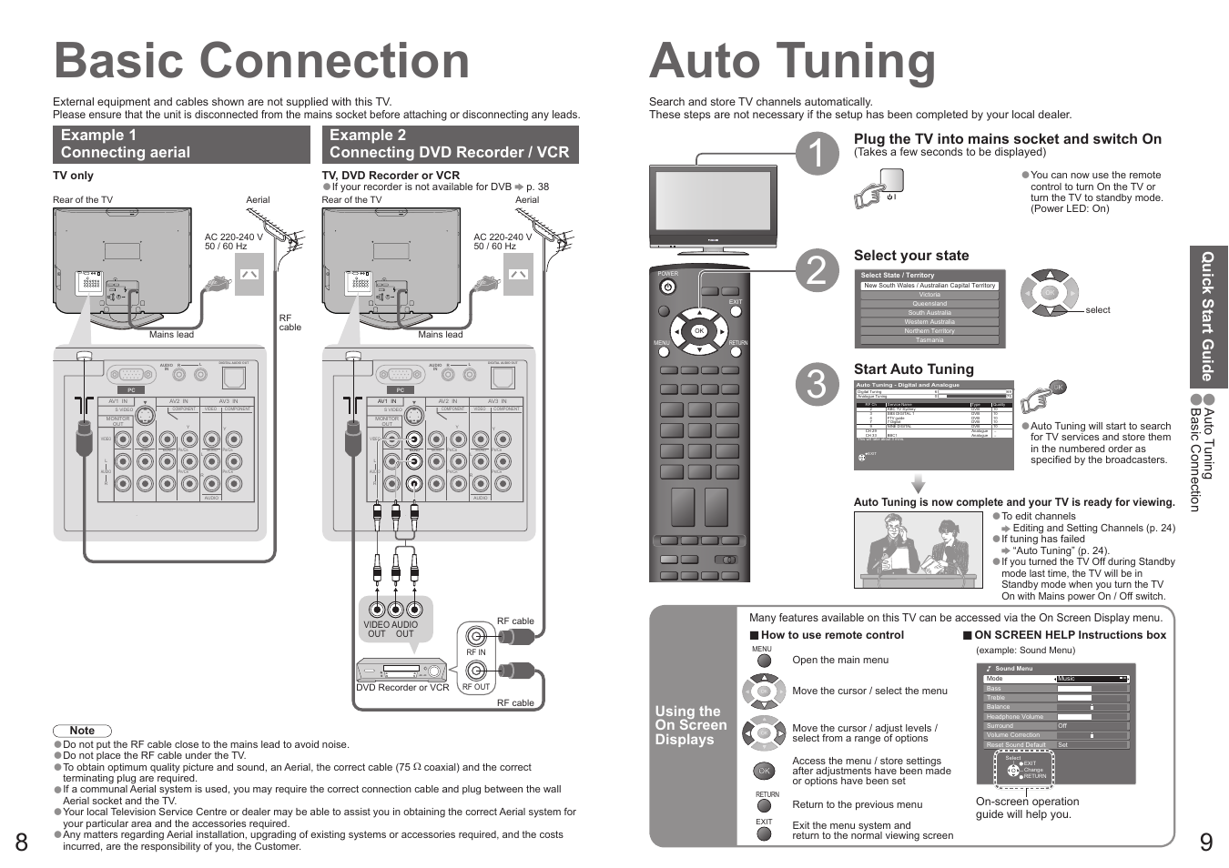 Basic connection, Auto tuning, Quick start guide | Plug the tv into mains socket and switch on, Select your state, Start auto tuning, Using the on screen displays | Panasonic Vieta TX-32LXD70A User Manual | Page 5 / 20