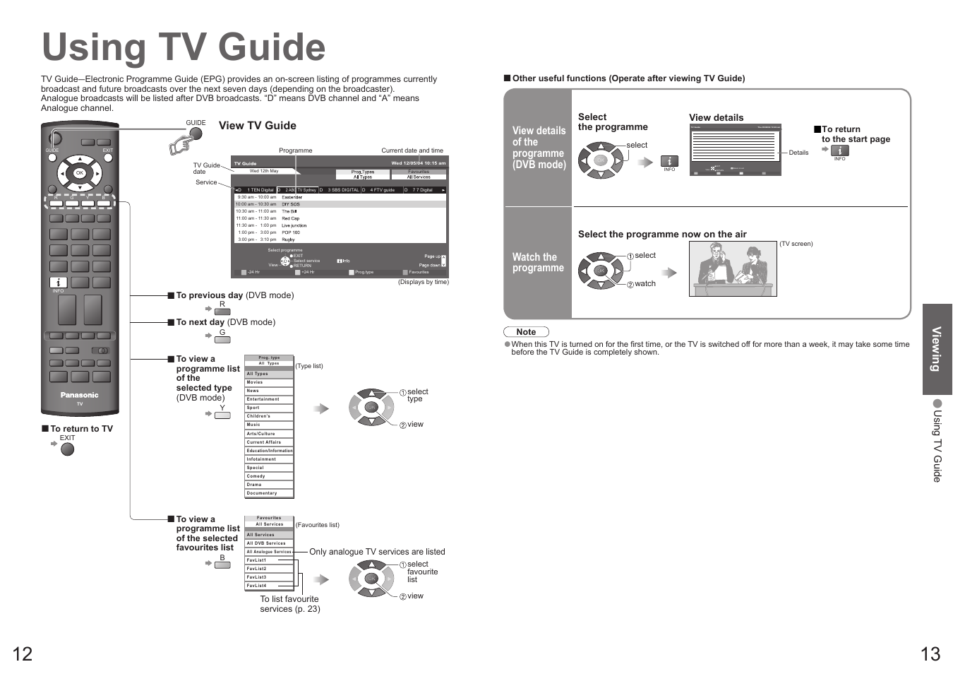 Using tv guide, Viewing, View tv guide | Watch the programme, View details of the programme (dvb mode) | Panasonic Vieta TX-32LXD70A User Manual | Page 7 / 20