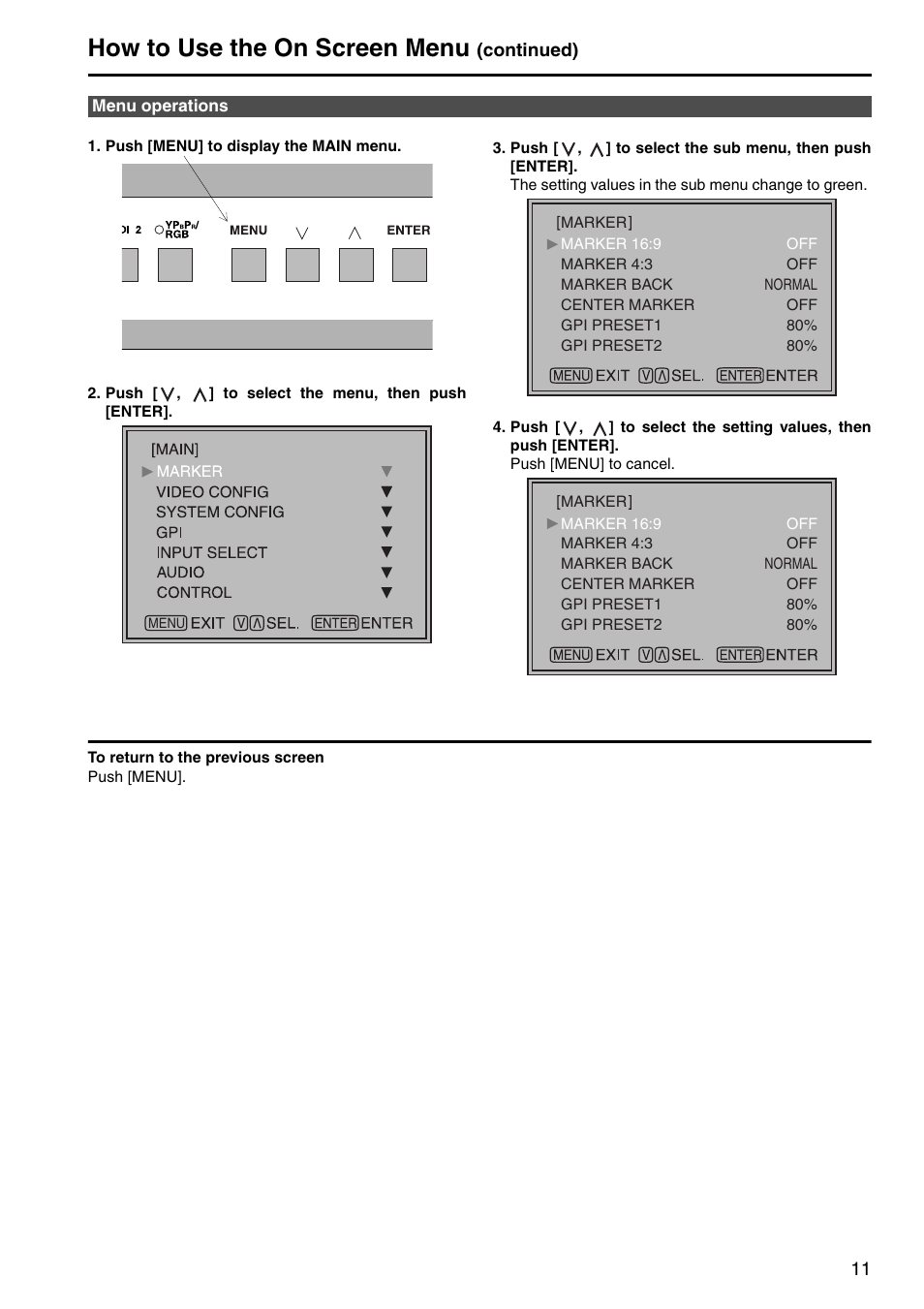 Menu operations, How to use the on screen menu | Panasonic BT-LH1700WP User Manual | Page 11 / 30