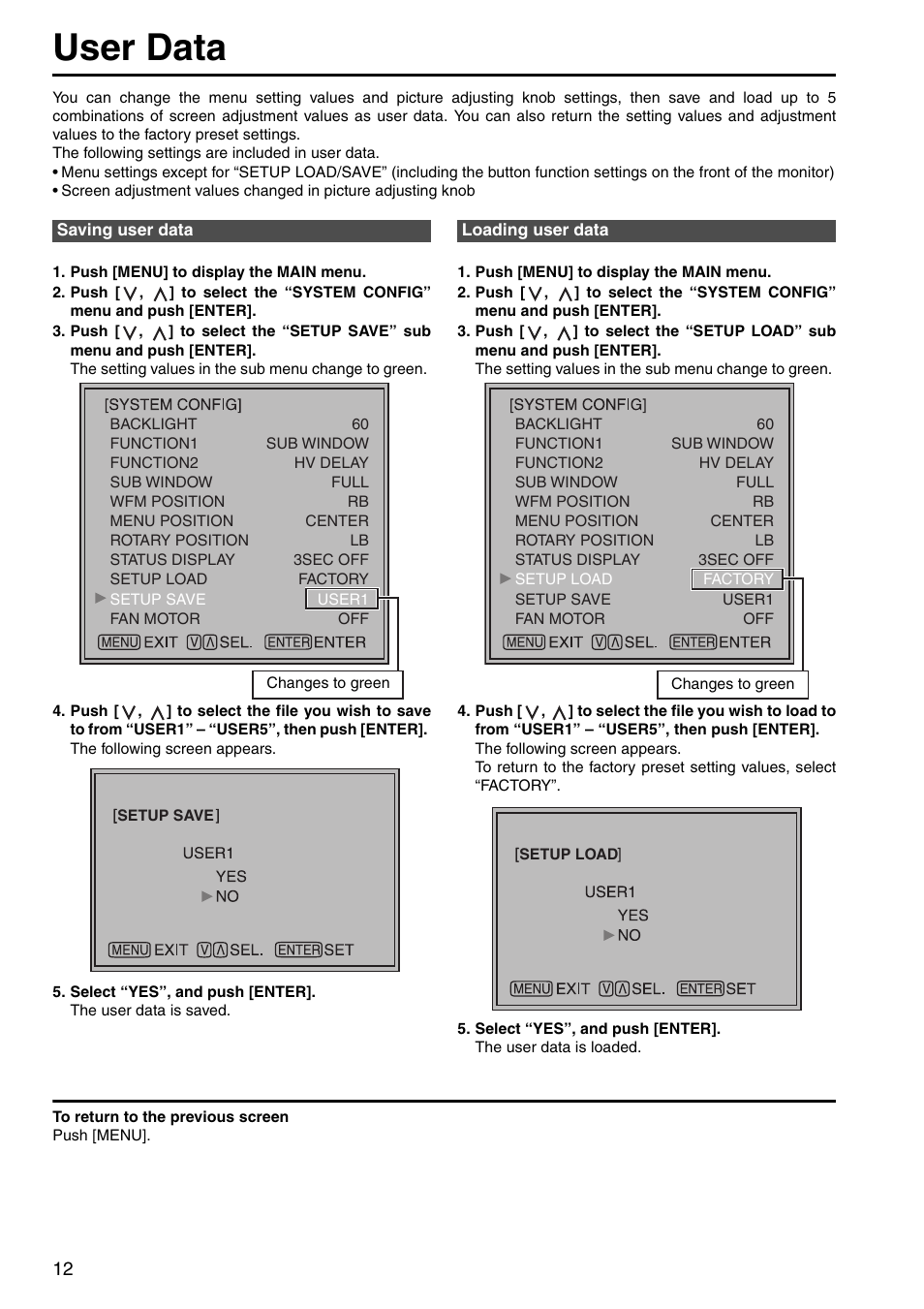 User data, Saving user data, Loading user data | Panasonic BT-LH1700WP User Manual | Page 12 / 30