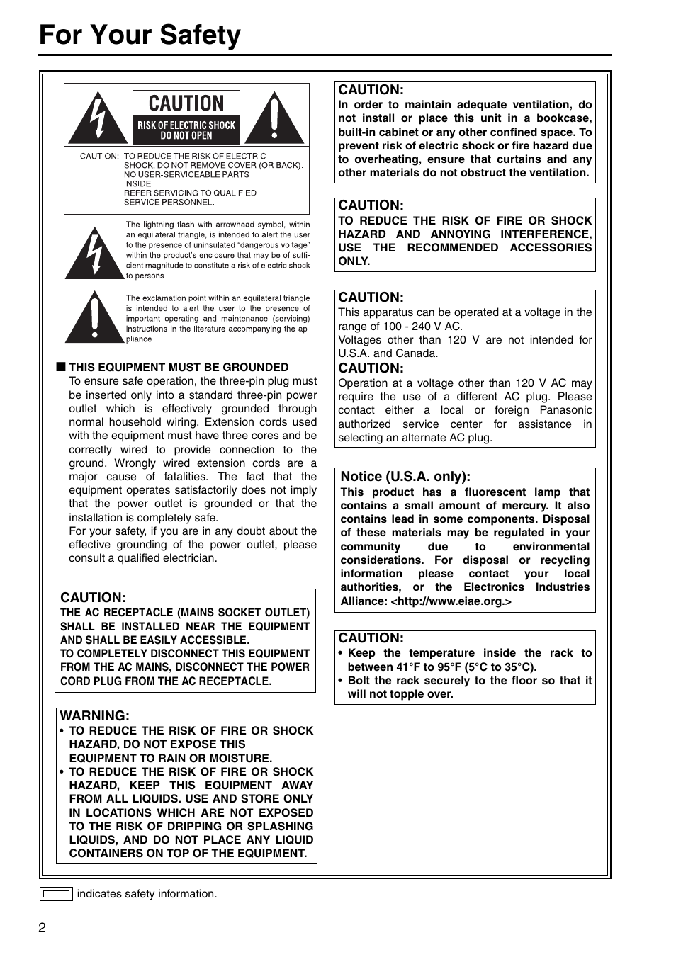 For your safety | Panasonic BT-LH1700WP User Manual | Page 2 / 30