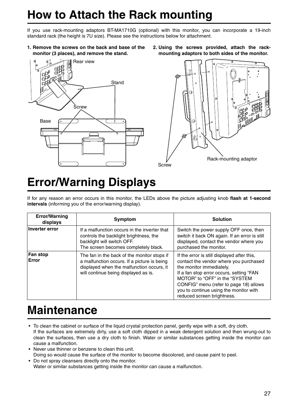 How to attach the rack mounting, Error/warning displays, Maintenance | 27 error/warning displays, 27 maintenance | Panasonic BT-LH1700WP User Manual | Page 27 / 30