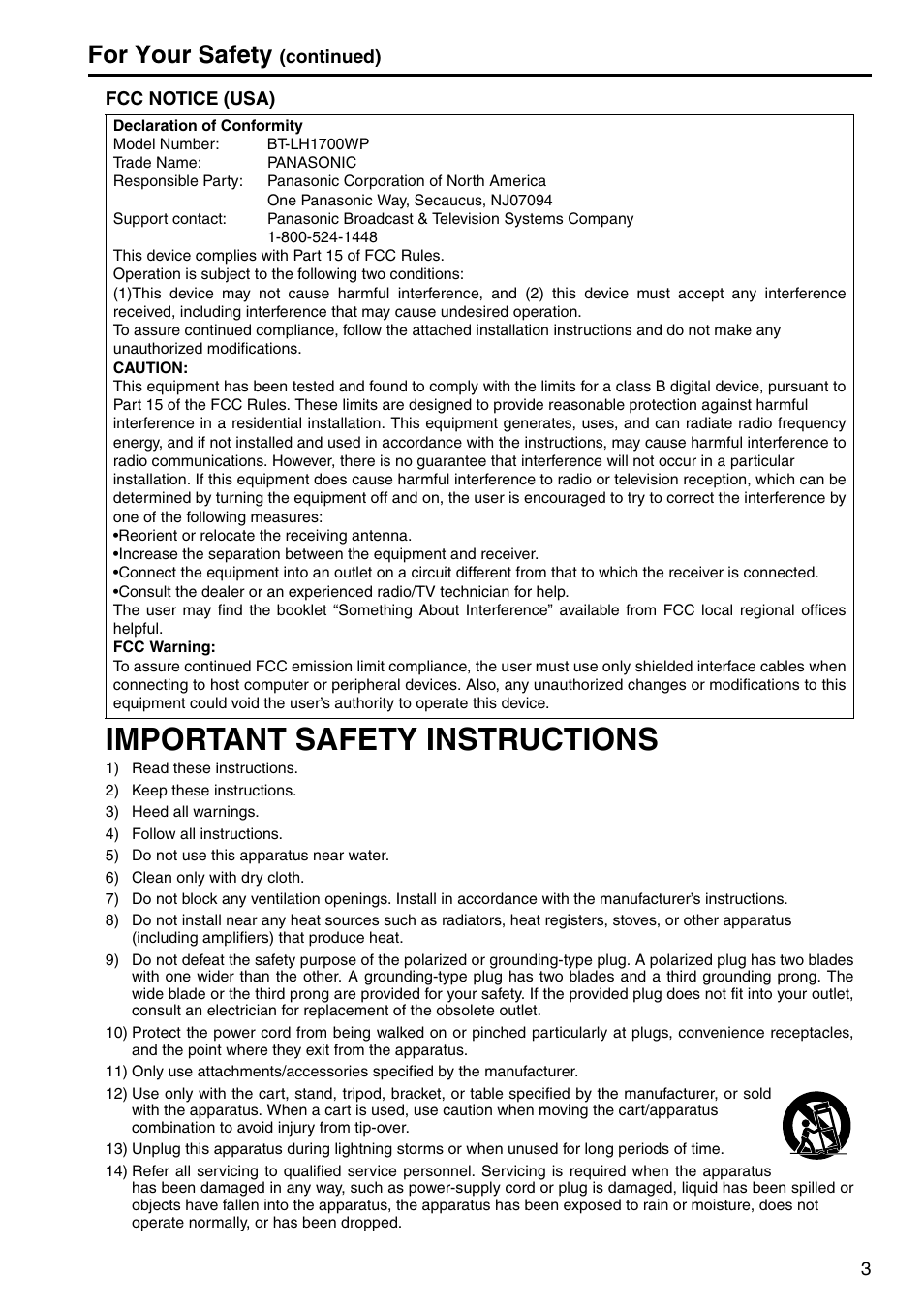 Important safety instructions, For your safety | Panasonic BT-LH1700WP User Manual | Page 3 / 30