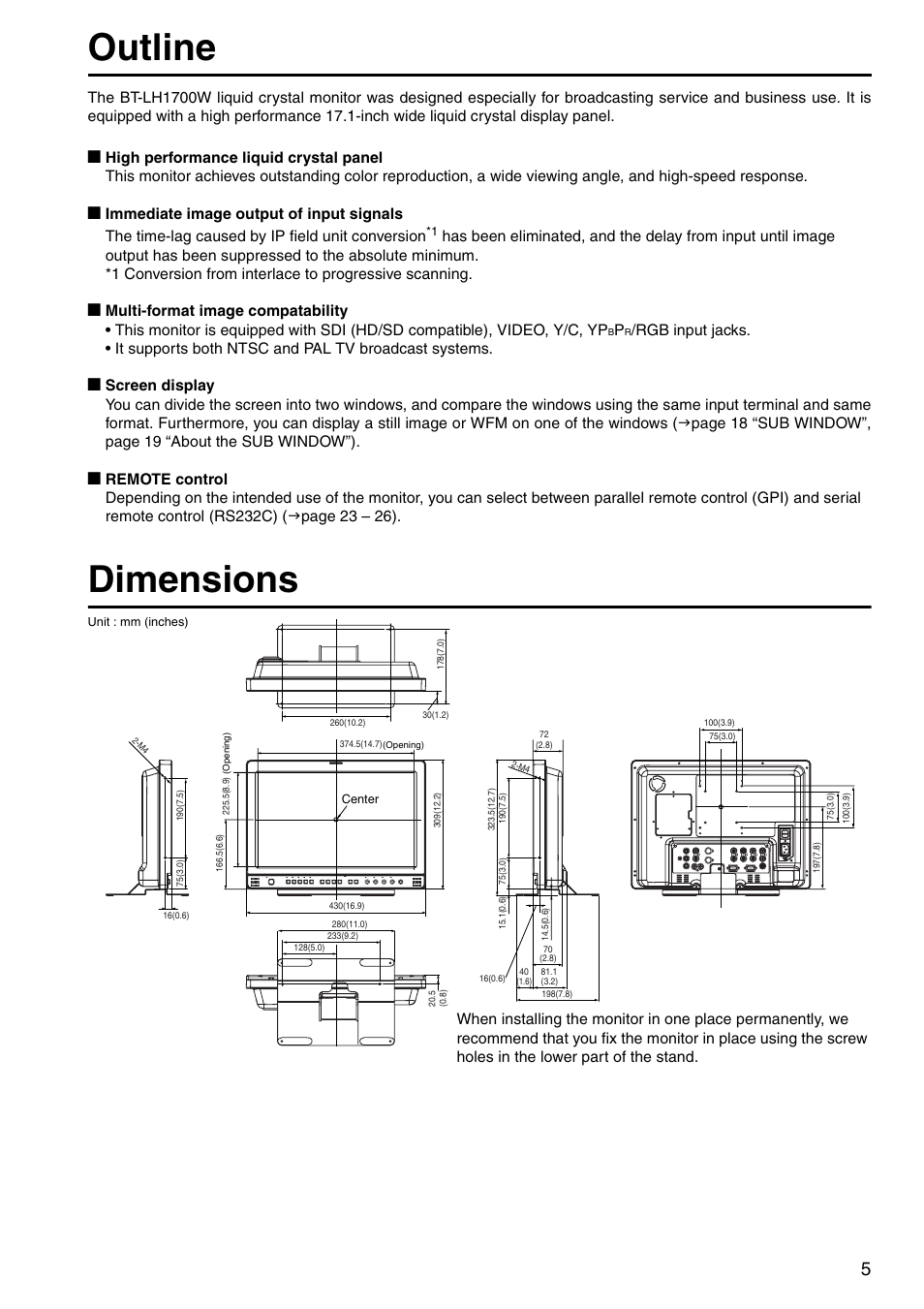 Outline, Dimensions, 5 dimensions | Panasonic BT-LH1700WP User Manual | Page 5 / 30