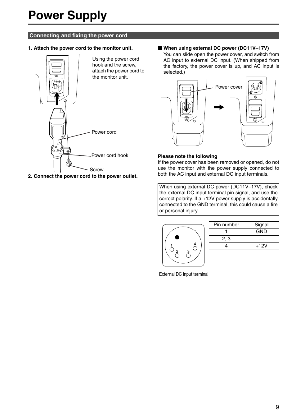 Power supply, Connecting and fixing the power cord | Panasonic BT-LH1700WP User Manual | Page 9 / 30