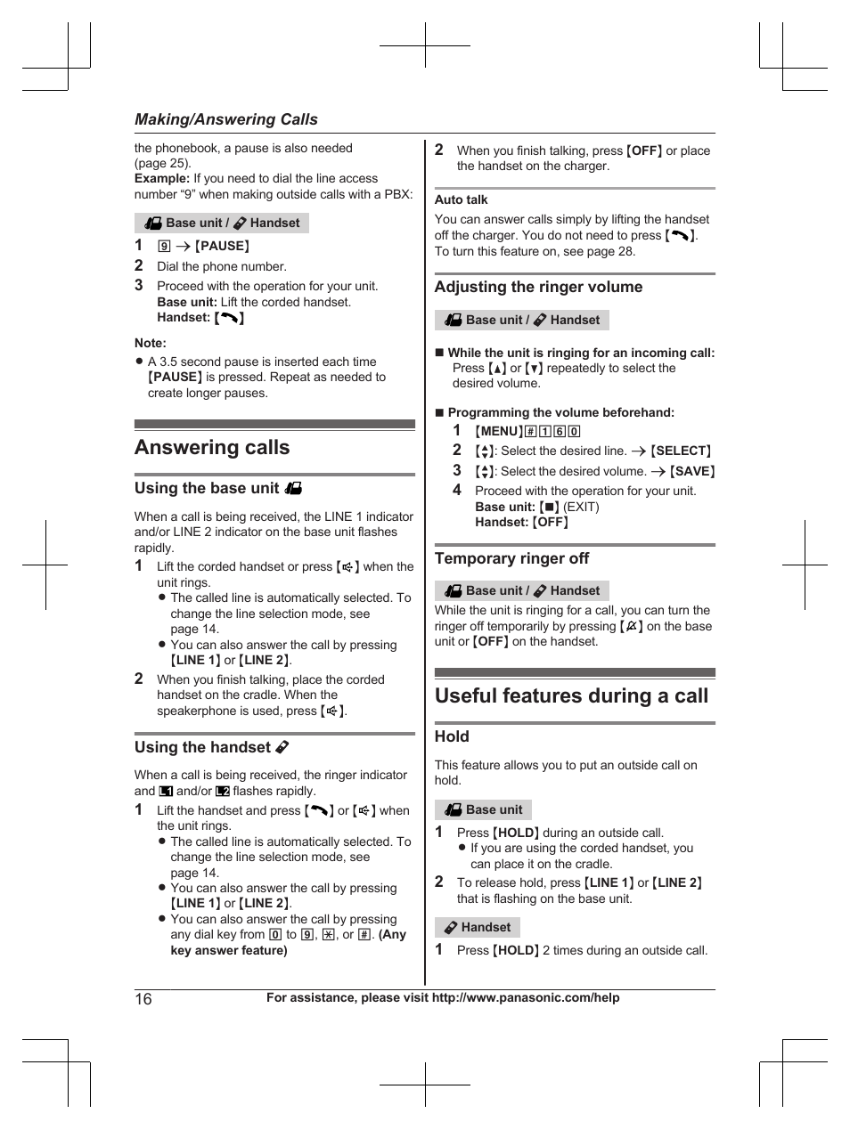 Answering calls, Useful features during a call, Answering calls useful features during a call | Panasonic KX-TG9472 User Manual | Page 16 / 64