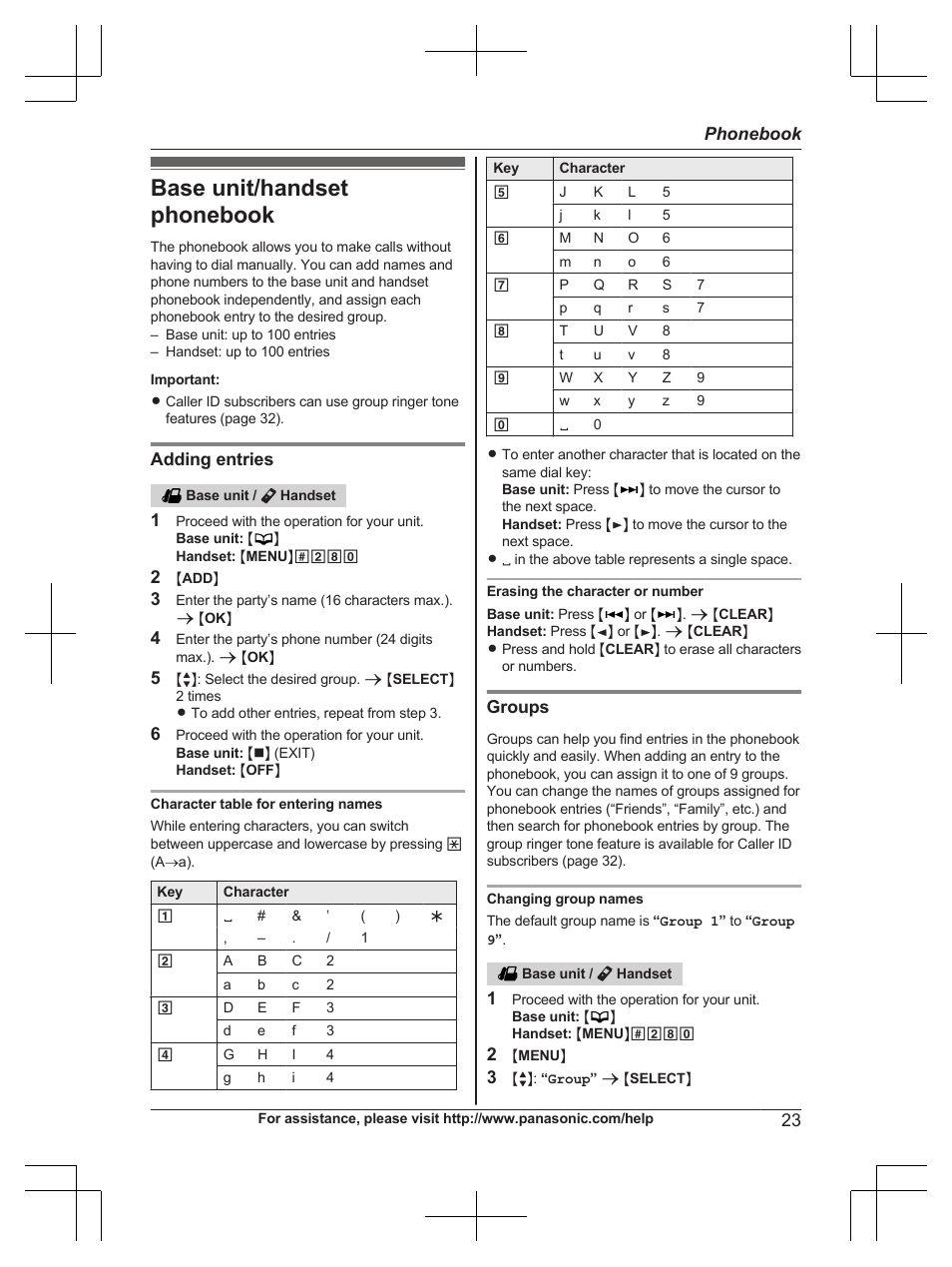 Phonebook, Base unit/handset phonebook | Panasonic KX-TG9472 User Manual | Page 23 / 64
