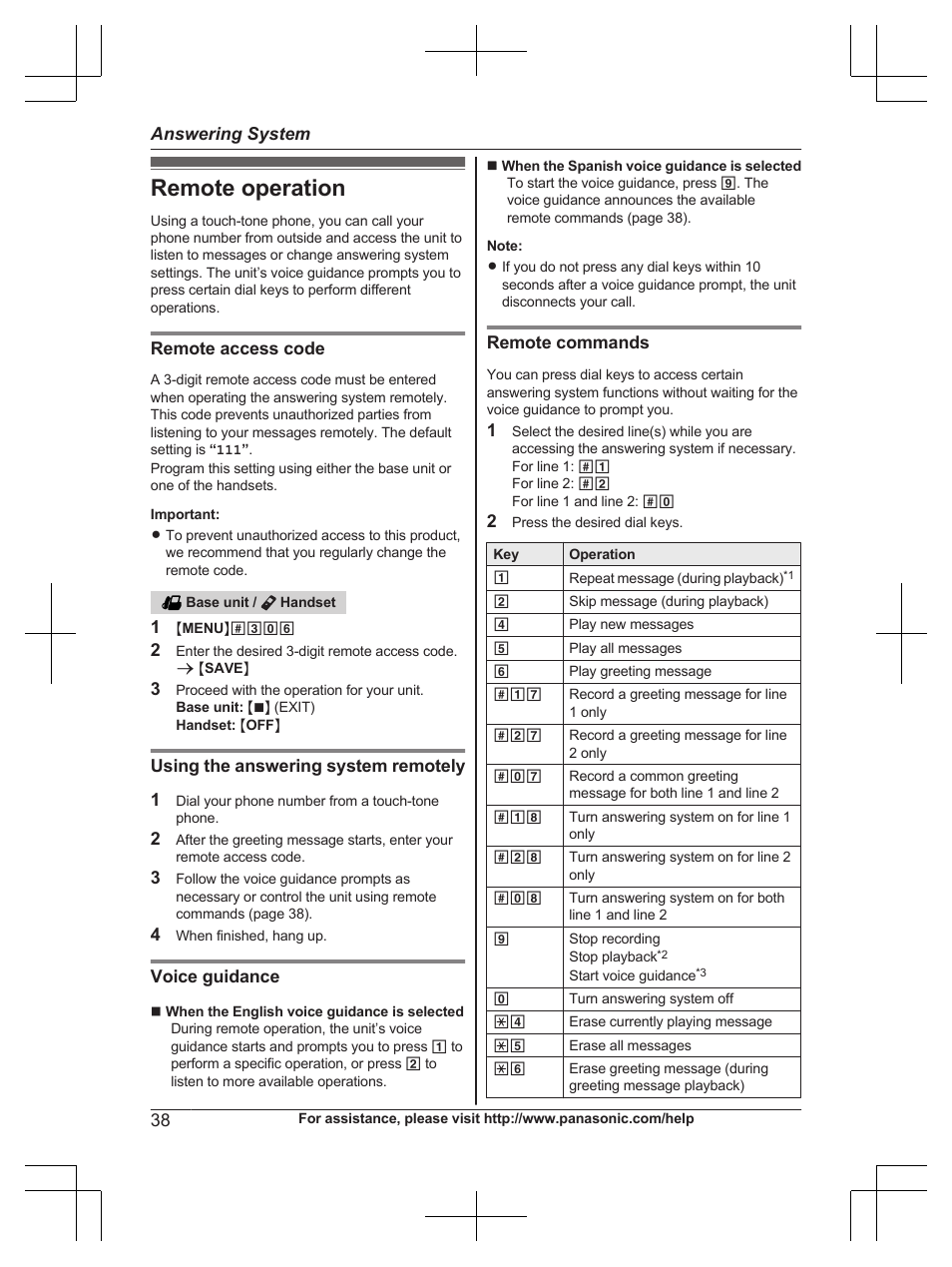 Remote operation | Panasonic KX-TG9472 User Manual | Page 38 / 64