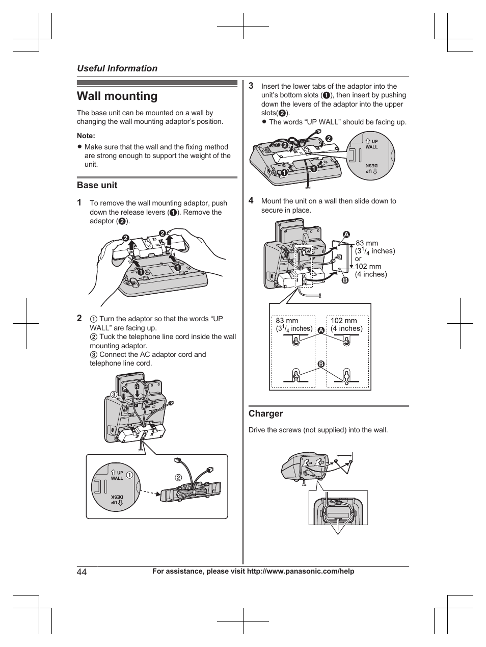 Useful information, Wall mounting | Panasonic KX-TG9472 User Manual | Page 44 / 64