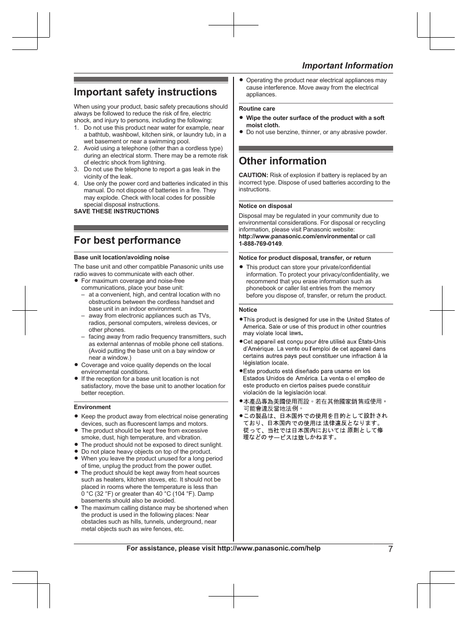 Important safety instructions, For best performance, Other information | 7important information | Panasonic KX-TG9472 User Manual | Page 7 / 64