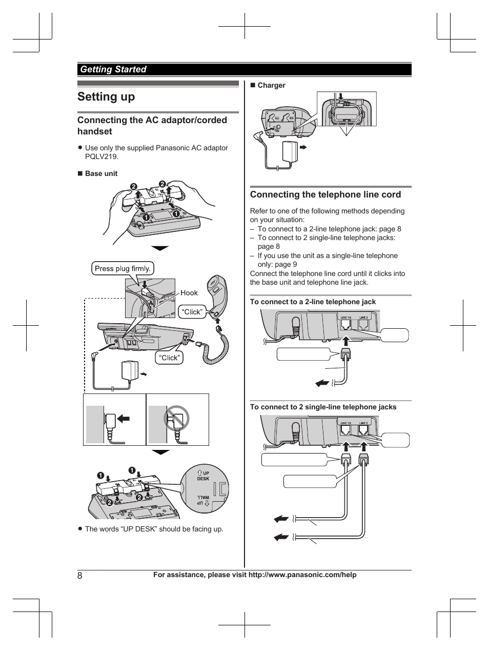 Getting started, Setting up | Panasonic KX-TG9472 User Manual | Page 8 / 64