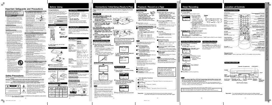 Timer recording, Location of controls, Playback / record on a tape | Connections / initial setup (ready to play), Before using, Important safeguards and precautions, Safety precautions, Front view of the vcr | Panasonic PV-V4022-A User Manual | Page 4 / 12