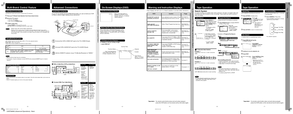 Multibrand control feature, Advanced connections (cable/dss), Tape operation | Warning and instruction displays, On-screen displays (osd), Advanced connections, Multi-brand control feature, Search system, Lsqt0699a (advanced operations) - back, T a pe opera tion | Panasonic PV-V4022-A User Manual | Page 8 / 12