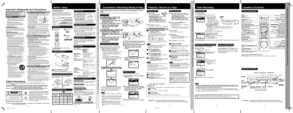 Timer recording, Location of controls, Playback / record on a tape | Connections / initial setup (ready to play), Before using, Important safeguards and precautions, Safety precautions, Front view of the vcr | Panasonic PV-V4603S User Manual | Page 4 / 12