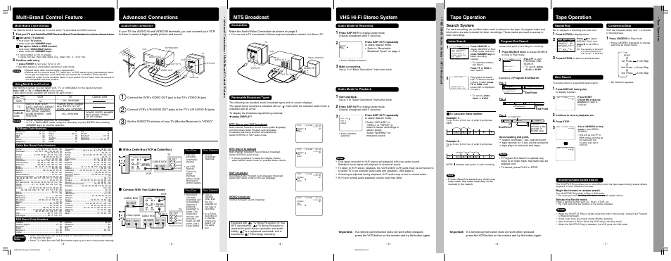 Multi-brand control feature, Advanced connections, Tape operation | Vhs hi-fi stereo system, Mts broadcast, Search system, T a pe opera tion, Vhs hi-fi ster eo system • mts br oadcast | Panasonic PV-V4603S User Manual | Page 8 / 12