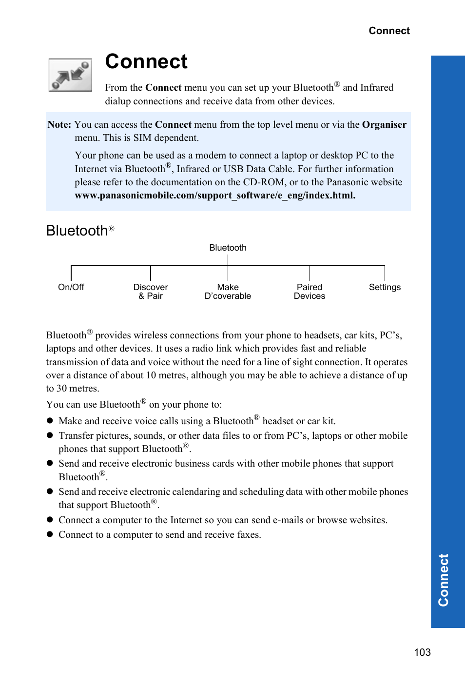 Connect, Bluetooth, Con n e ct | Panasonic P342i User Manual | Page 102 / 128