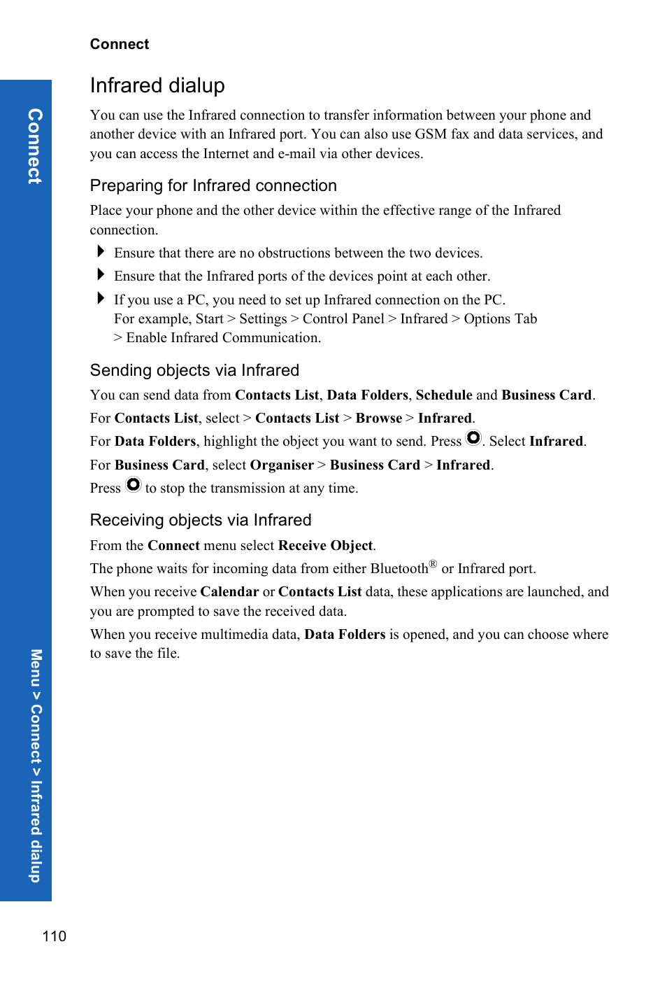 Infrared dialup, Conn ect | Panasonic P342i User Manual | Page 109 / 128