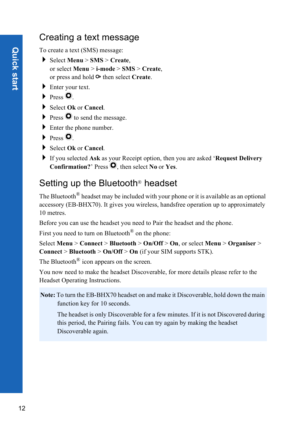 Creating a text message, Setting up the bluetooth, Headset | Qu ic k s tar t | Panasonic P342i User Manual | Page 11 / 128
