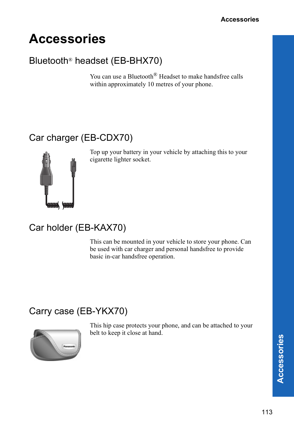 Accessories, Bluetooth, Headset (eb-bhx70) | Car charger (eb-cdx70), Car holder (eb-kax70), Carry case (eb-ykx70) | Panasonic P342i User Manual | Page 112 / 128