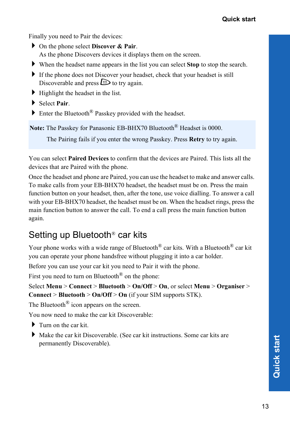 Setting up bluetooth, Car kits, Qu ic k s tar t | Panasonic P342i User Manual | Page 12 / 128