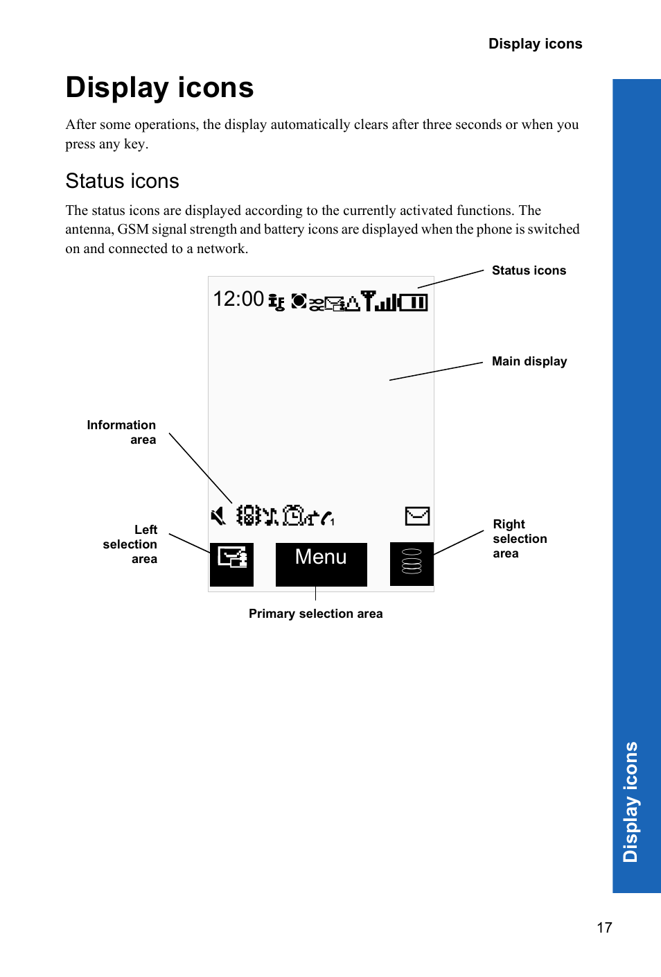 Display icons, Status icons, Menu a | Panasonic P342i User Manual | Page 16 / 128