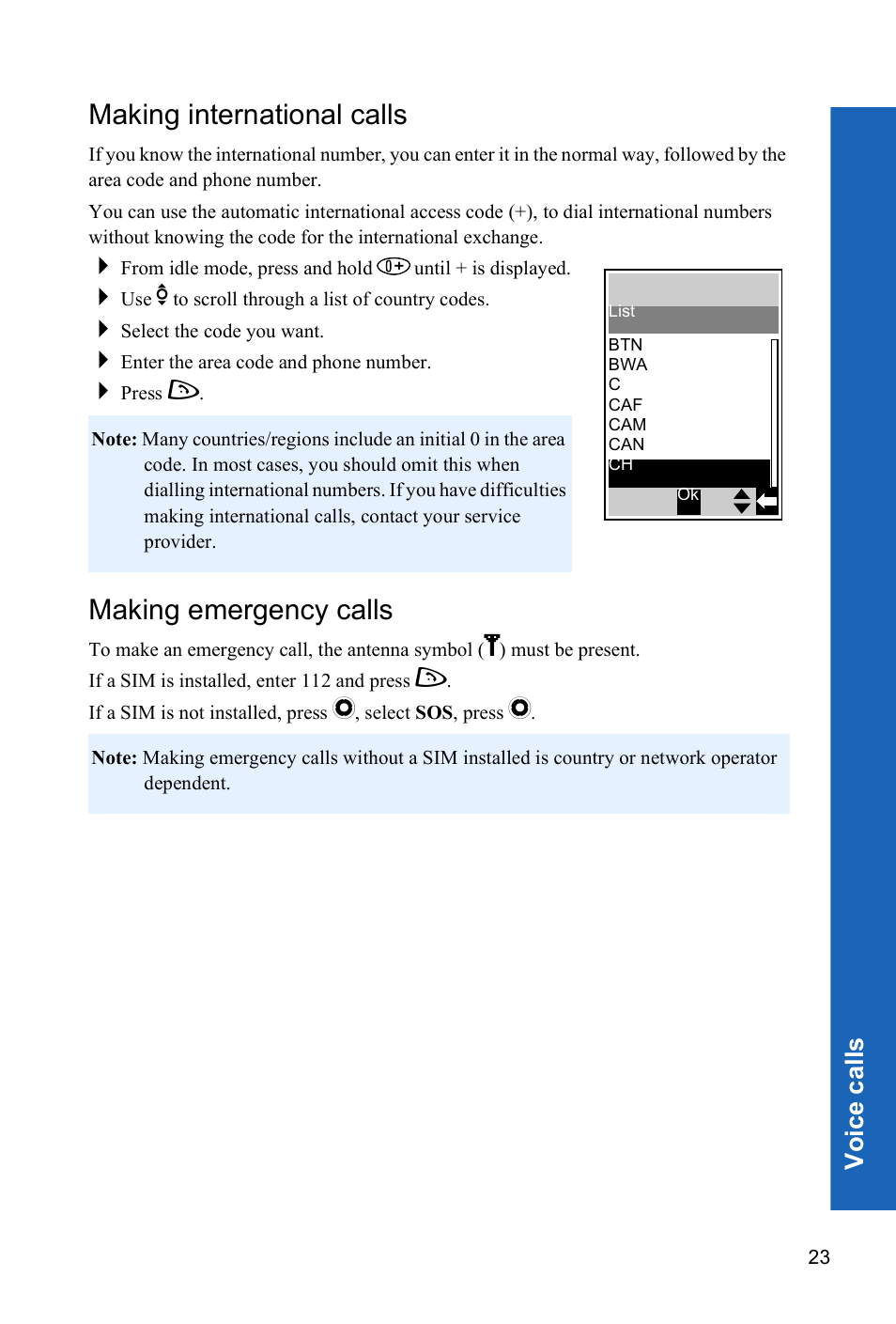 Making international calls, Making emergency calls, Voi ce call s | Panasonic P342i User Manual | Page 22 / 128