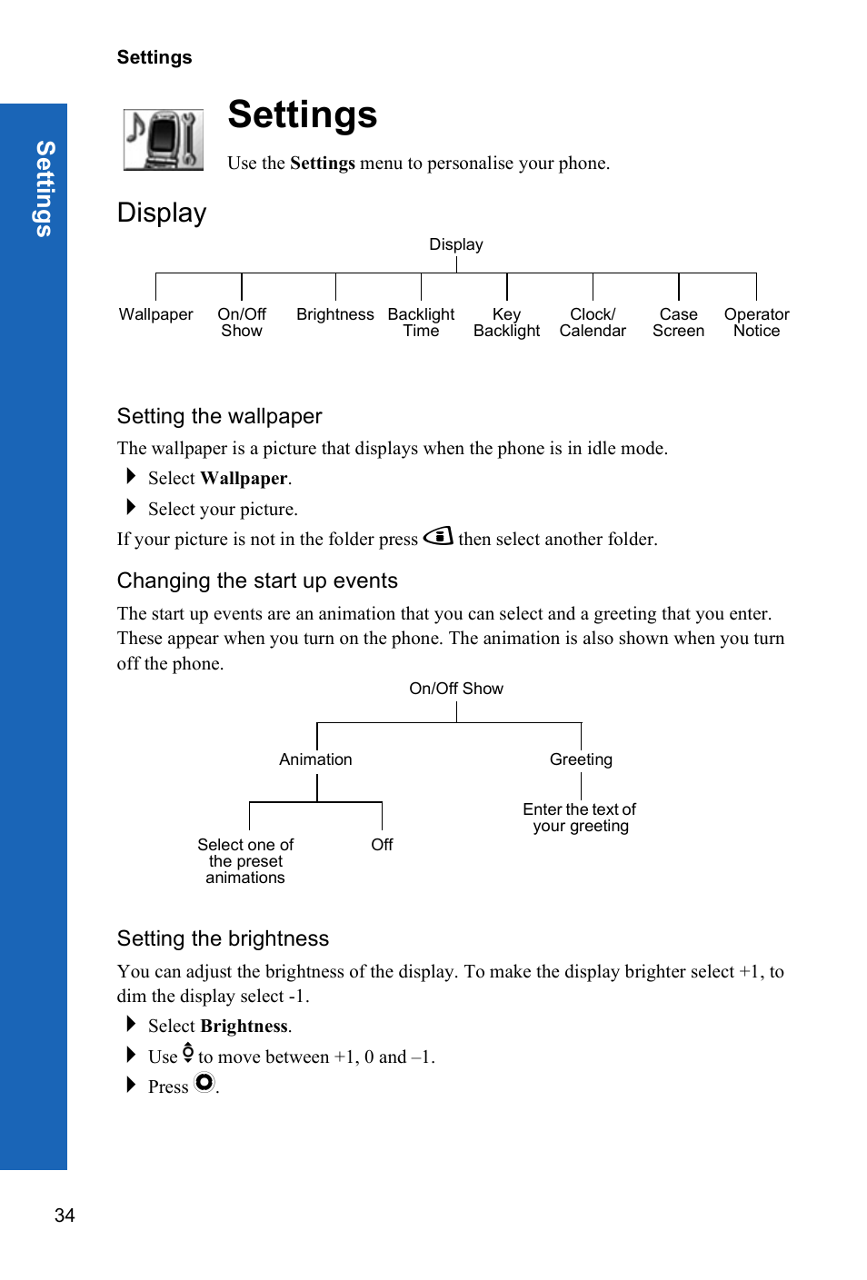 Settings, Display, Setti ngs | Panasonic P342i User Manual | Page 33 / 128