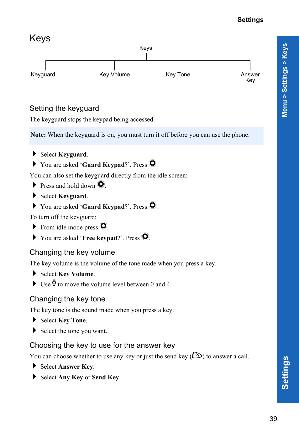 Keys, Se ttings | Panasonic P342i User Manual | Page 38 / 128