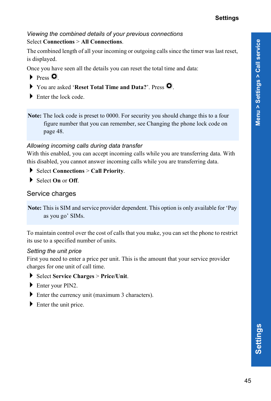 Se ttings | Panasonic P342i User Manual | Page 44 / 128