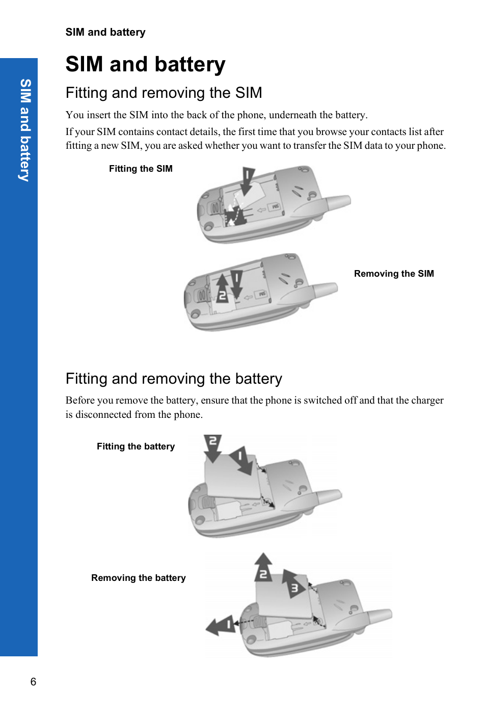 Sim and battery, Fitting and removing the sim, Fitting and removing the battery | Panasonic P342i User Manual | Page 5 / 128