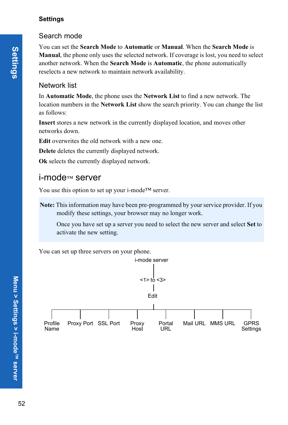 I-mode, Server, Setti ngs | Panasonic P342i User Manual | Page 51 / 128