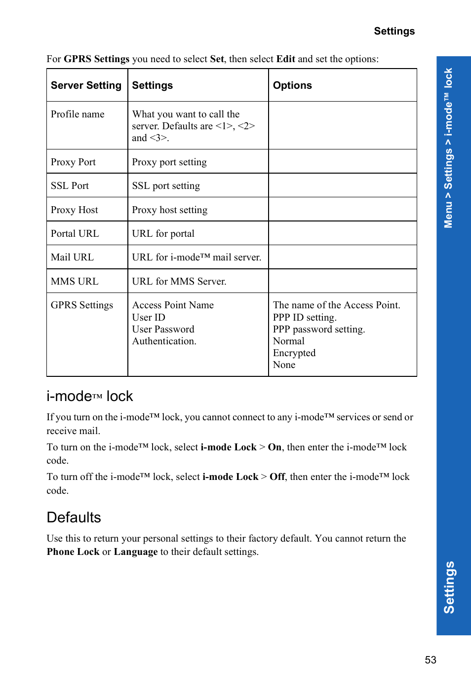 I-mode, Lock, Defaults | Se ttings | Panasonic P342i User Manual | Page 52 / 128