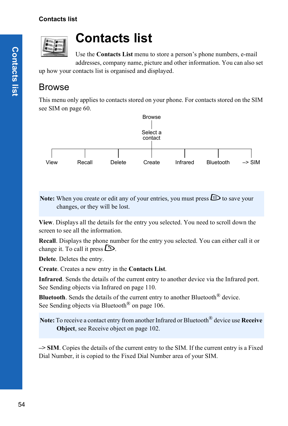 Contacts list, Browse, Conta c ts list | Panasonic P342i User Manual | Page 53 / 128