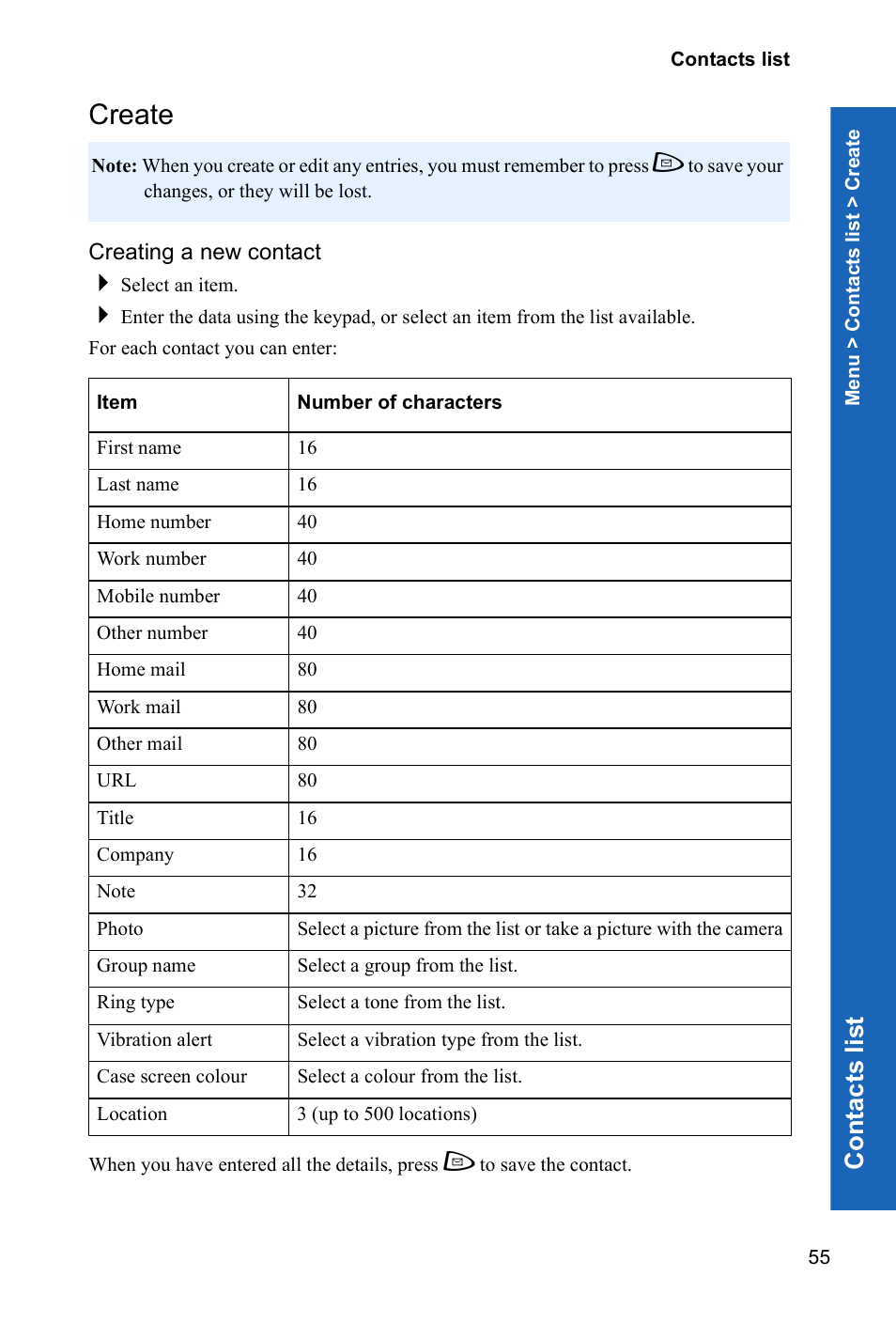Create, Co n tacts lis t | Panasonic P342i User Manual | Page 54 / 128