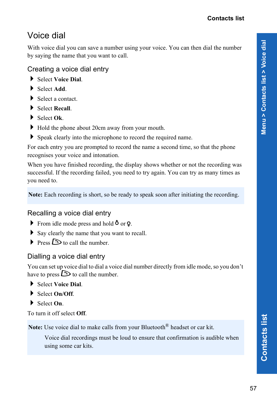 Voice dial, Co n tacts lis t | Panasonic P342i User Manual | Page 56 / 128