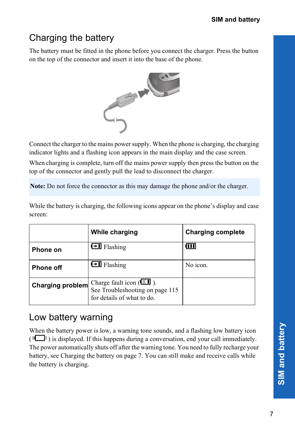 Charging the battery, Low battery warning, Sim a nd ba ttery | Panasonic P342i User Manual | Page 6 / 128