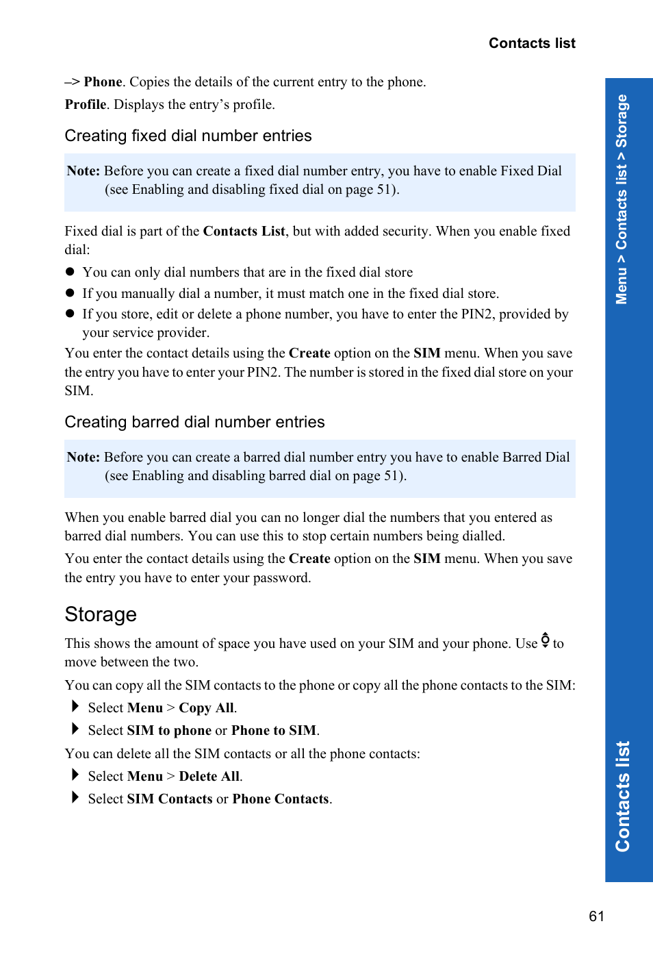 Storage, Co n tacts lis t | Panasonic P342i User Manual | Page 60 / 128