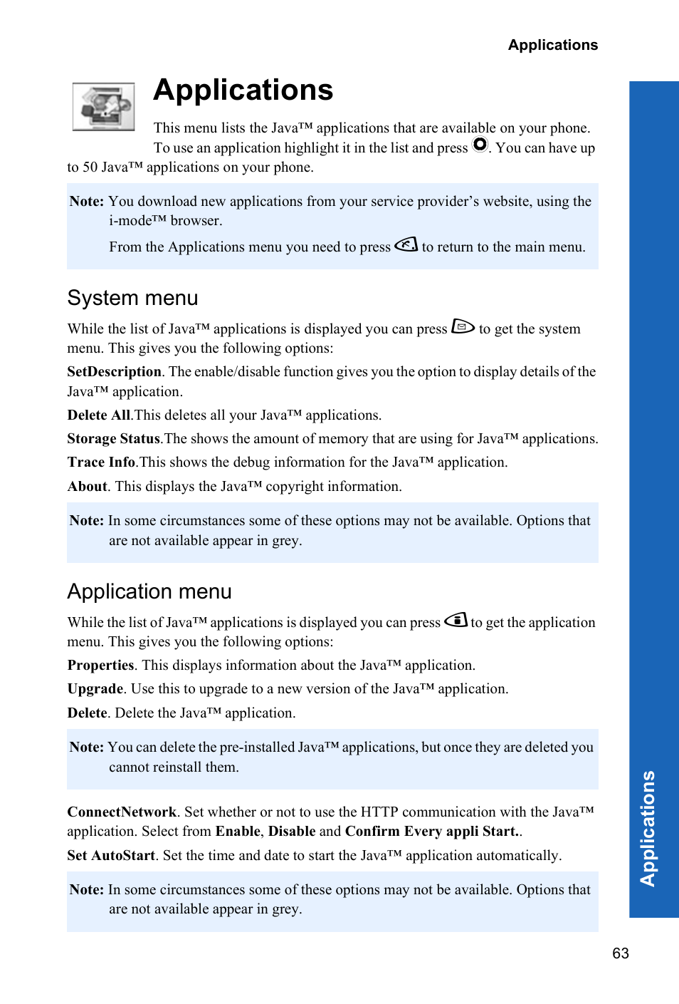 Applications, System menu, Application menu | App lica tions | Panasonic P342i User Manual | Page 62 / 128